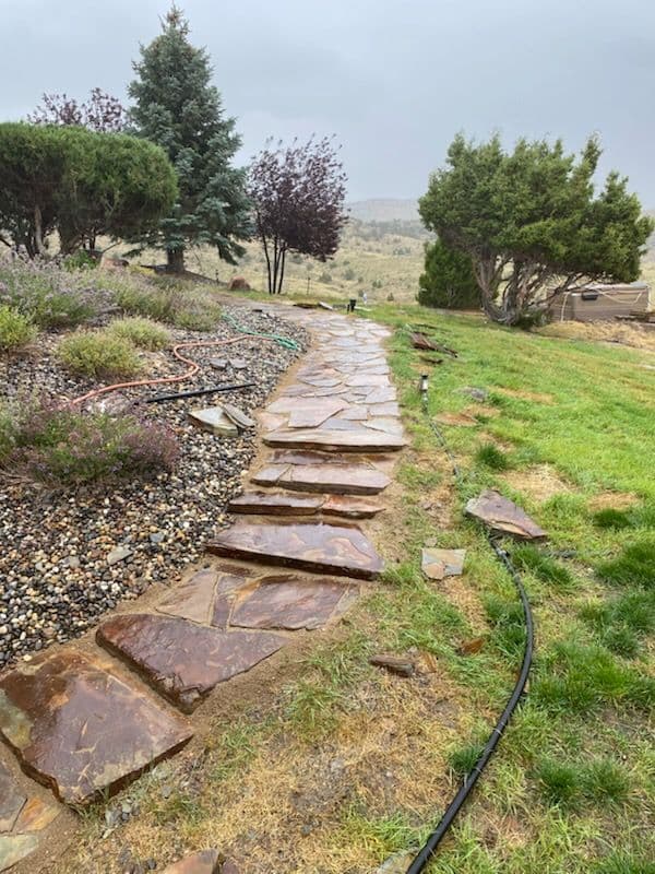 Flagstone path with shallow stone steps running downhill between a rock planting bed and lawn, dry foothills in the distance.