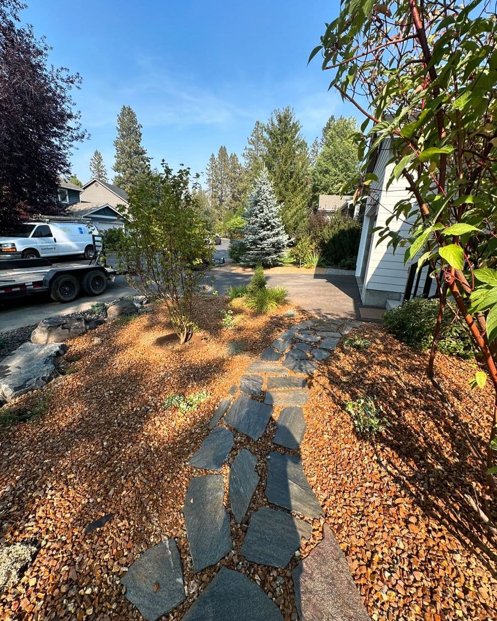 Stone pathway through landscaped garden with shrubs and trees on a sunny day.